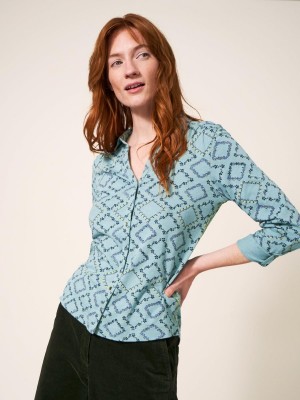 White Stuff Annie Cotton Jersey Shirt Teal Print | 16427-SHIC