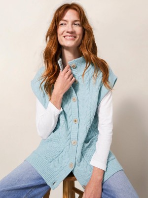 White Stuff Chestnut Cable Knit Pocket Poncho Light Blue | 89462-EIHD