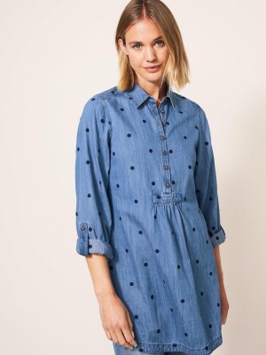 White Stuff Eva Embroidered Denim Tunic Mid Denim | 07514-LIZO