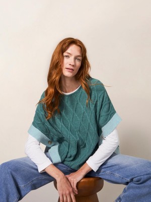 White Stuff Fern Knitted Casual Poncho Mid Teal | 03567-BVUW