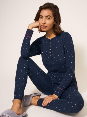 White Stuff Geo Printed Henley Pj Top Navy Multi | 42378-QFKJ