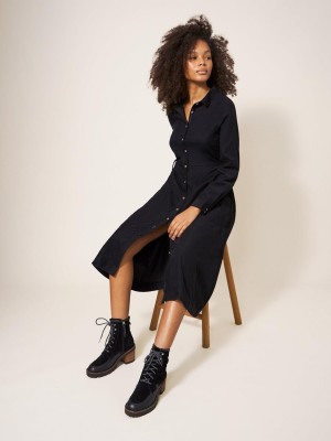 White Stuff Jade Cord Shirt Midi Dress Pure Black | 62734-VYQC