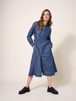 White Stuff Jade Denim Shirt Dress Mid Denim | 71359-NHBS