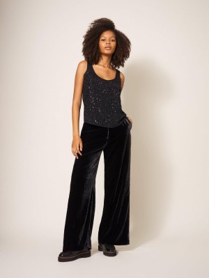 White Stuff Jenny Velvet Wide Leg Trouser Pure Black | 38012-ZUAI