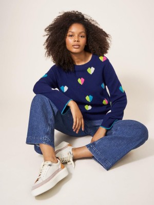 White Stuff Multi Heart Wool Jumper Navy Multi | 69071-JQTG