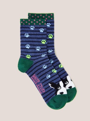 White Stuff Paw Stripe Dog Ankle Socks Navy Multi | 86723-UZIX