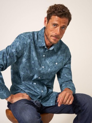 White Stuff Peacock Printed Classic Shirt Blue Print | 06842-GVHZ