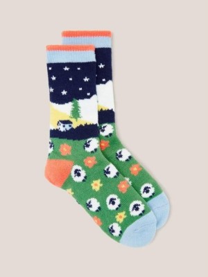 White Stuff Sheep Scenic Cabin Socks Green Multi | 05643-YZLM