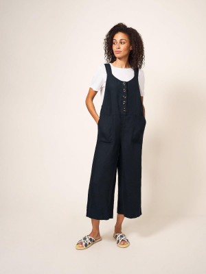 White Stuff Viola Linen Dungaree Pure Black | 19423-YPXK