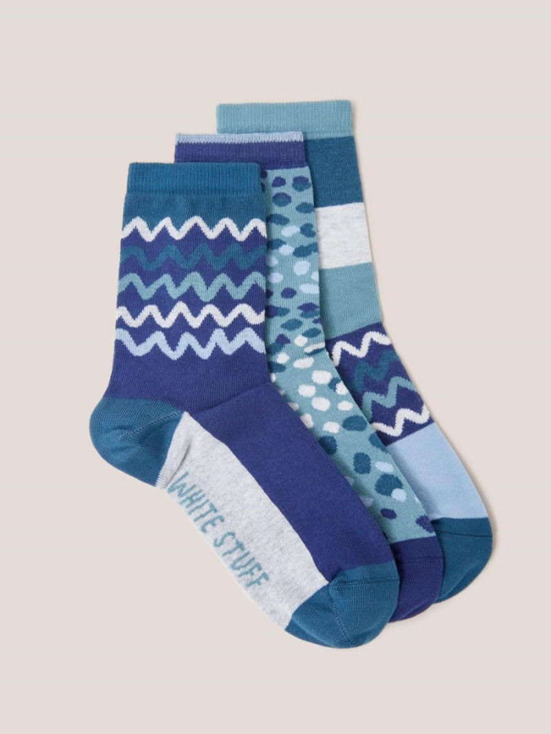 White Stuff 3 Pack Squiggle Ankle Socks Teal Multi | 10246-WFOL