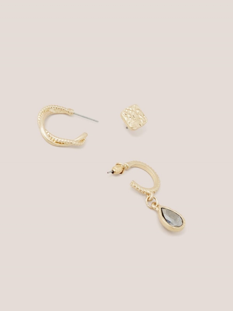 White Stuff 3 Pack Stud Hoop Earrings Gold Tone Metallic | 16247-AQUM