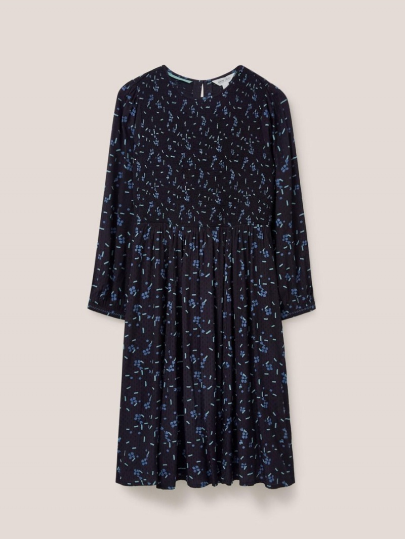 White Stuff Aneth Eco Vero Shirred Dress Black Print | 01596-RQYD