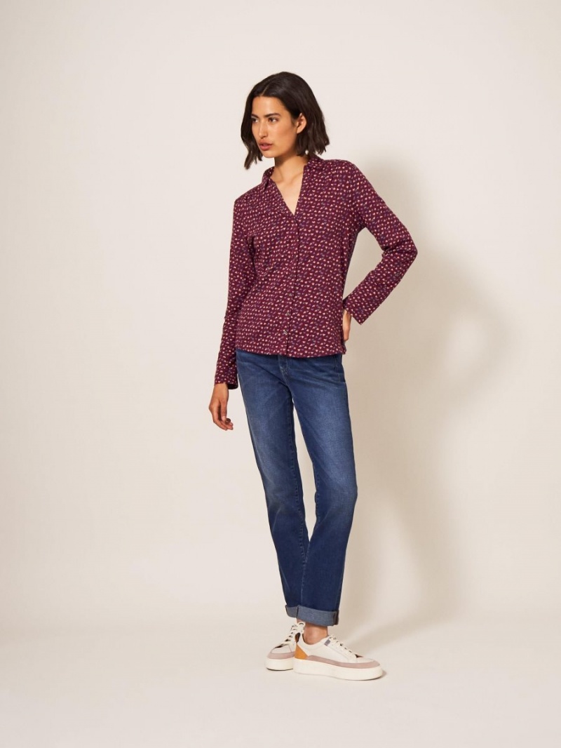 White Stuff Annie Cotton Jersey Shirt Plum Purple Print | 71649-BSFM