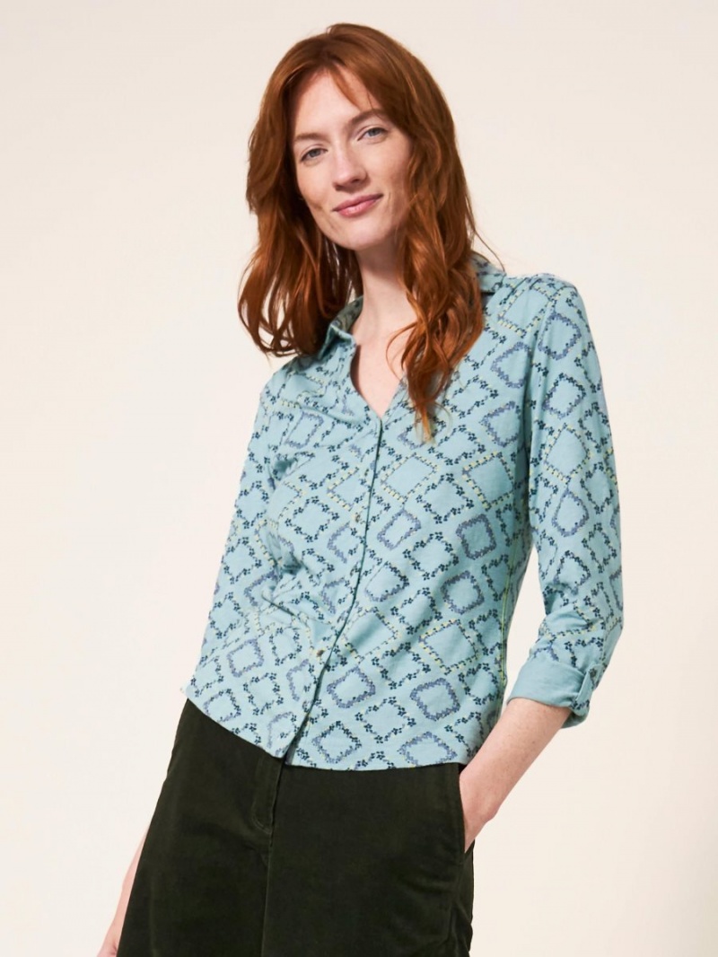 White Stuff Annie Cotton Jersey Shirt Teal Print | 16427-SHIC