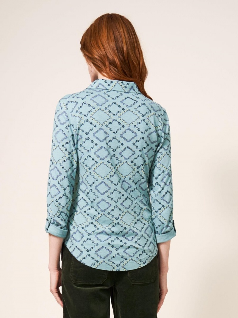 White Stuff Annie Cotton Jersey Shirt Teal Print | 16427-SHIC