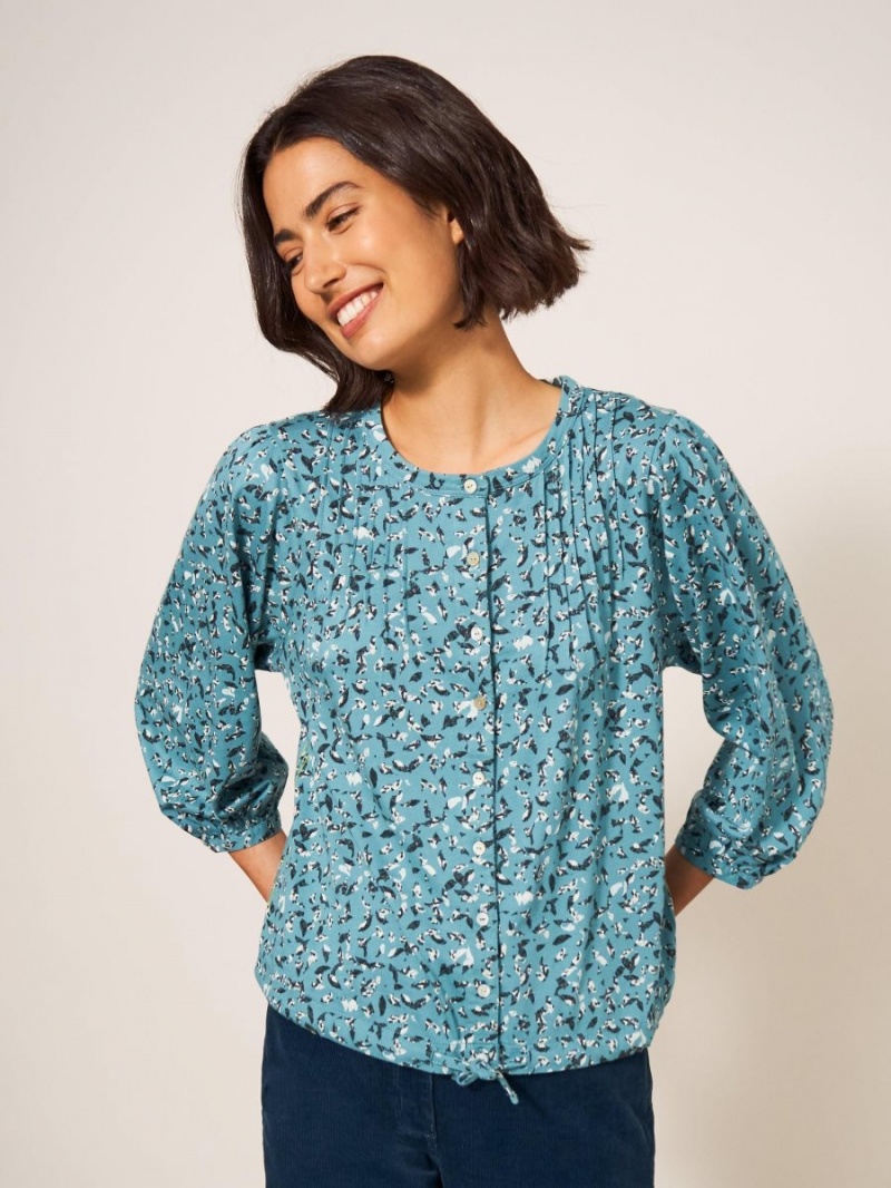 White Stuff Bennie Tie Hem Shirt Teal Print | 59140-TIGP