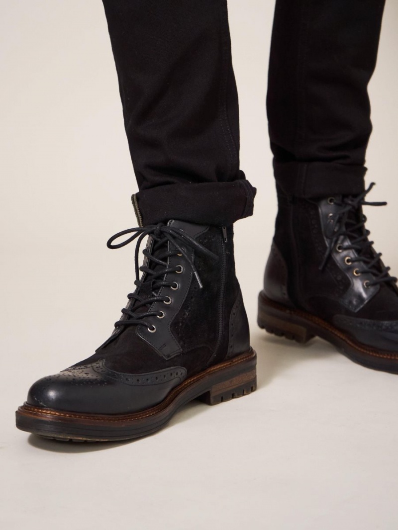 White Stuff Brogue Leather Lace Up Boot Pure Black | 45896-JRON