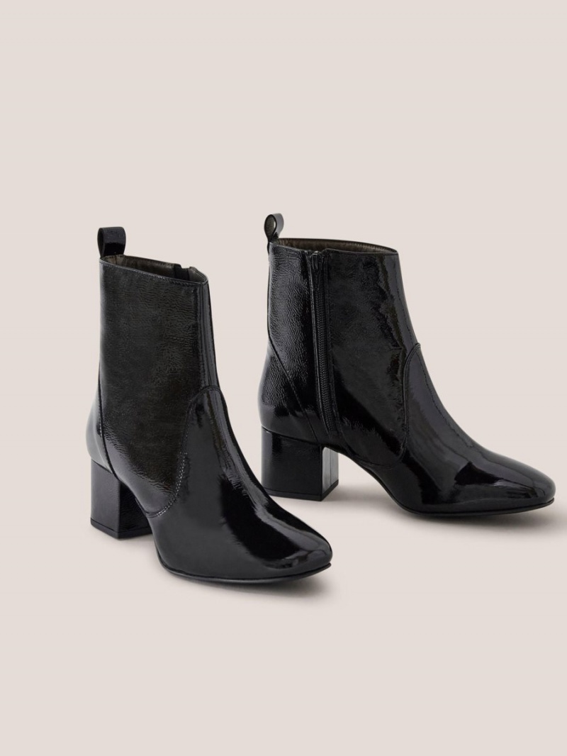 White Stuff Cilla Patent Mid Heel Boot Pure Black | 80195-GHPR