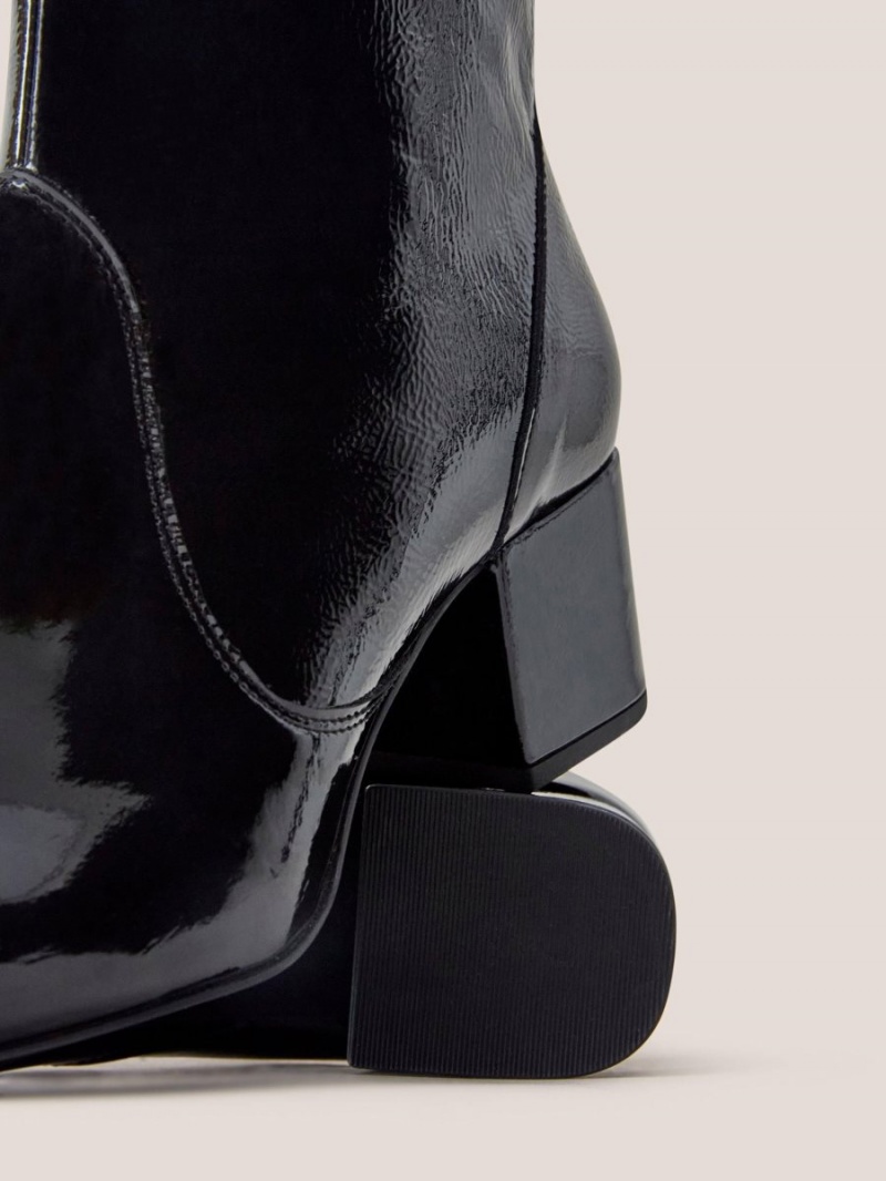 White Stuff Cilla Patent Mid Heel Boot Pure Black | 80195-GHPR