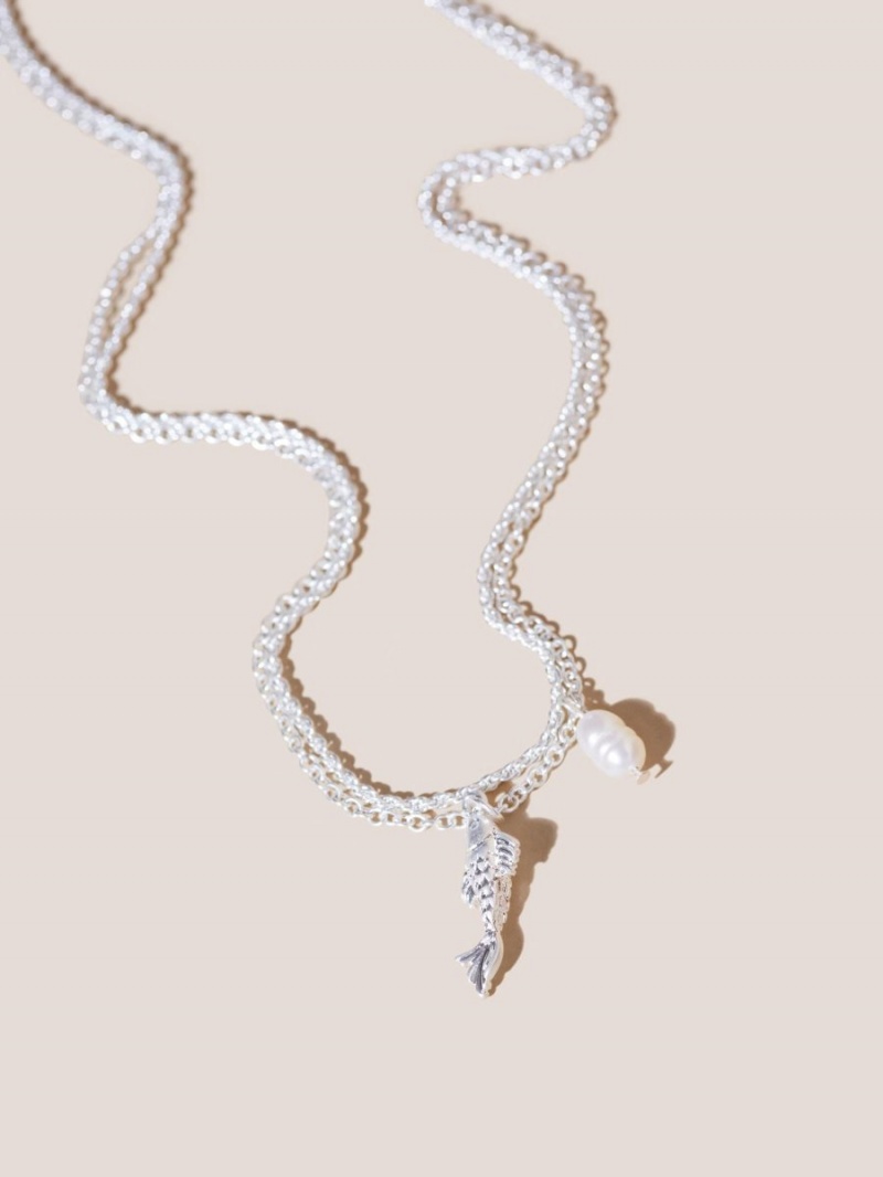 White Stuff Double Row Fish Pearl Necklace Silver Tone Metallic | 04713-DXPF