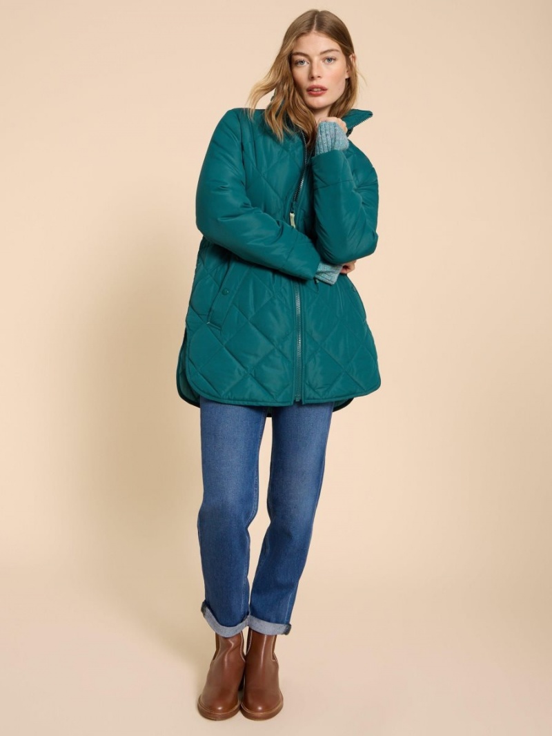 White Stuff Emilia Quilted Long Sleeve Coat Dk Teal | 60892-OWAT