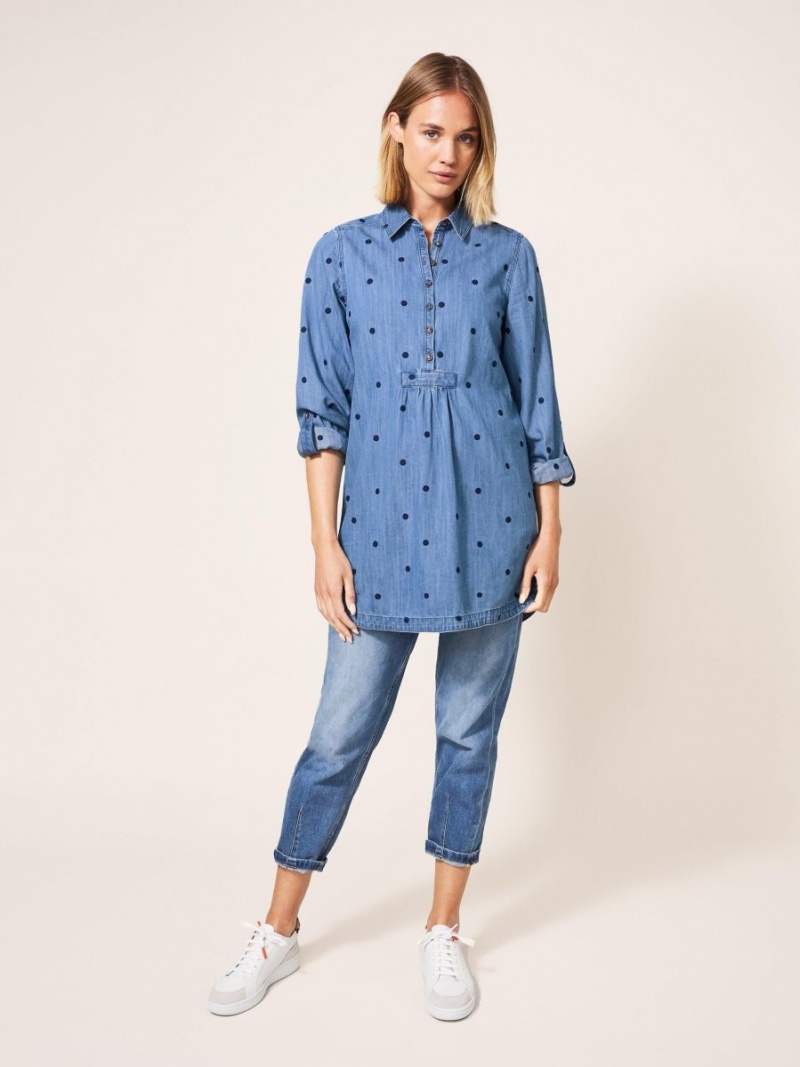 White Stuff Eva Embroidered Denim Tunic Mid Denim | 07514-LIZO