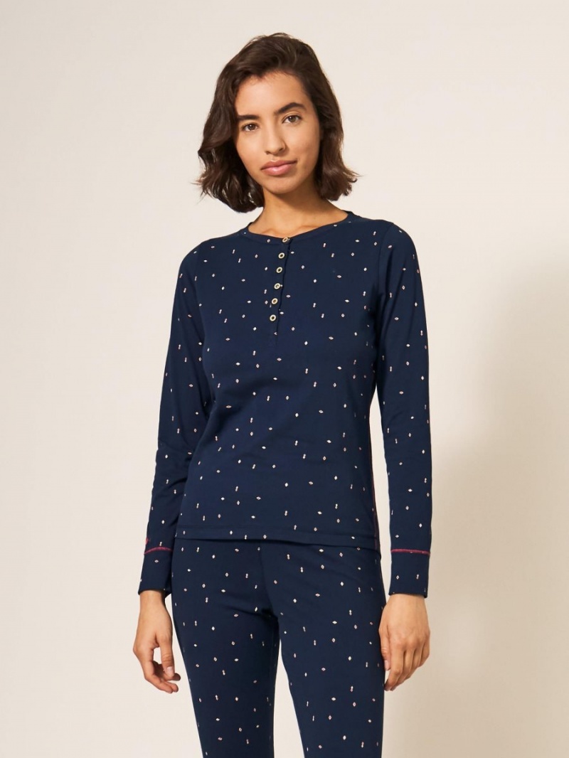 White Stuff Geo Printed Henley Pj Top Navy Multi | 42378-QFKJ