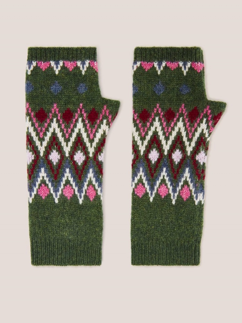 White Stuff Lambswool Fingerless Gloves Green Multi | 36018-HMVE