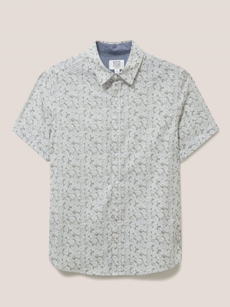 White Stuff Leaf Printed Slim Fit Shirt Dusty Green | 57906-ZOVL