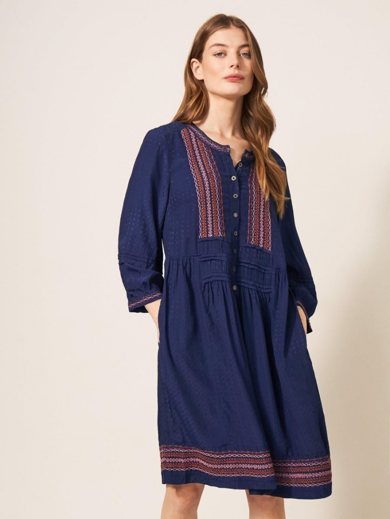 White Stuff Liv Embroidered Dress Navy Multi | 05237-TQZJ