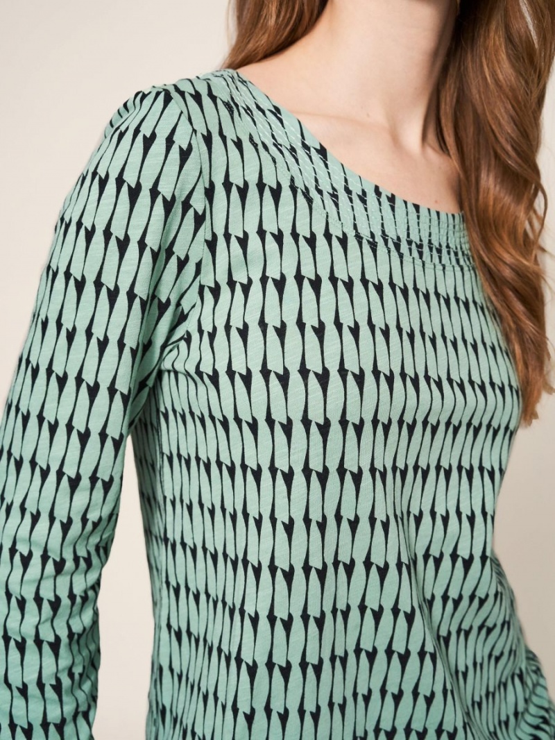 White Stuff Long Sleeve Weaver Tee Green Multi | 61842-AGHX