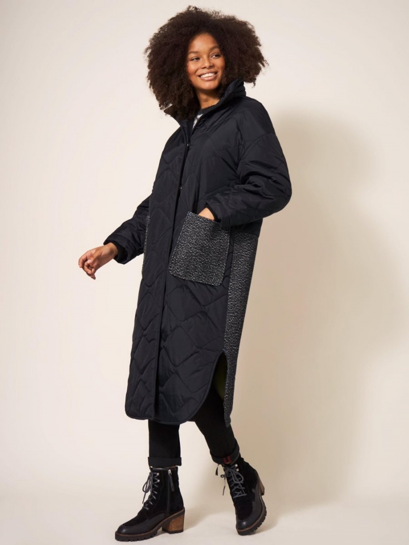 White Stuff Luna Fabric Mix Quilted Coat Black Multi | 23649-YNFP