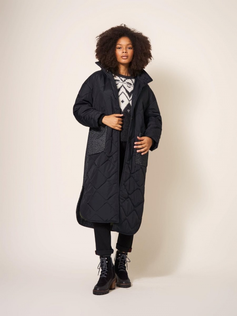 White Stuff Luna Fabric Mix Quilted Coat Black Multi | 23649-YNFP