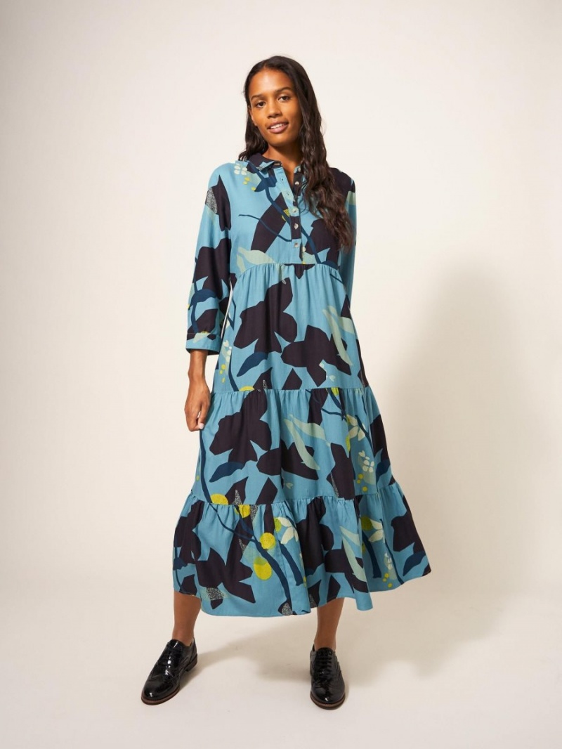 White Stuff Maya Tiered Shirt Dress Teal Multi | 50349-TOQH