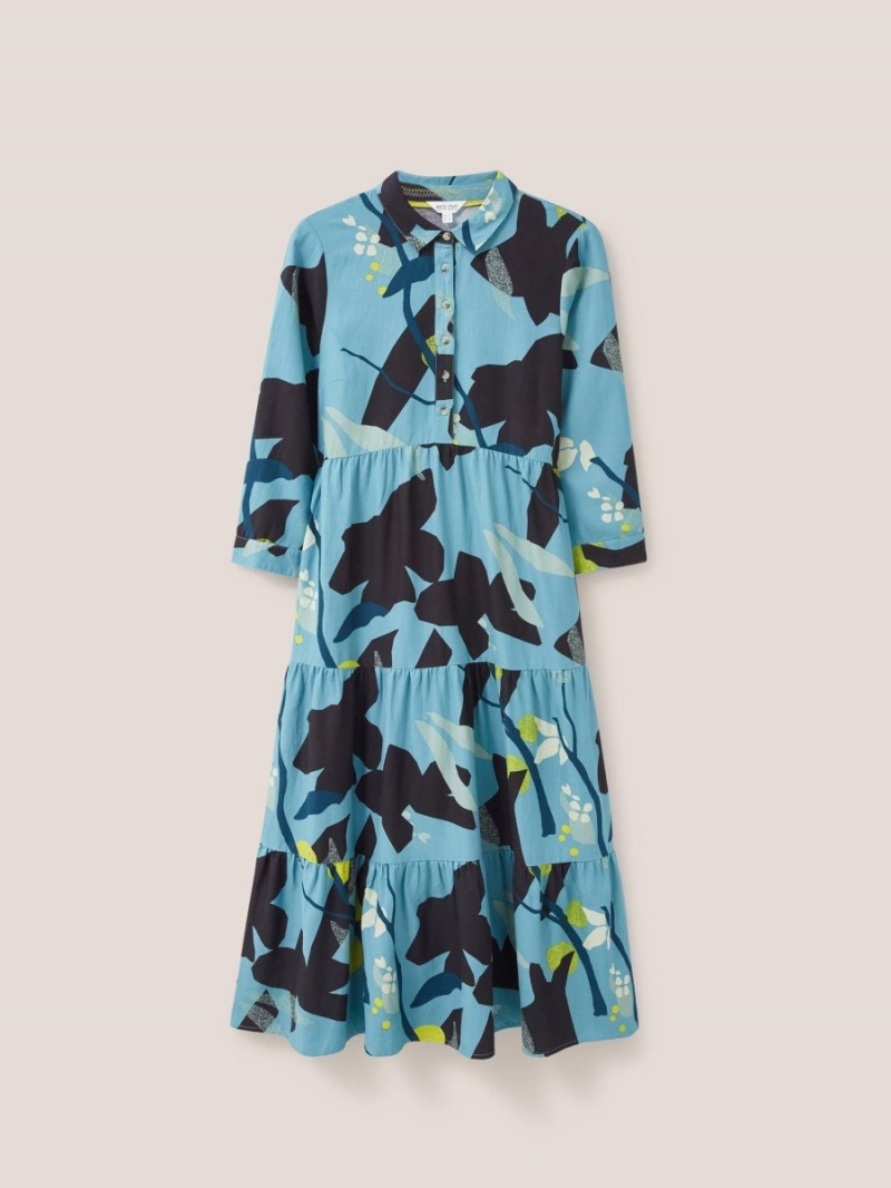 White Stuff Maya Tiered Shirt Dress Teal Multi | 50349-TOQH