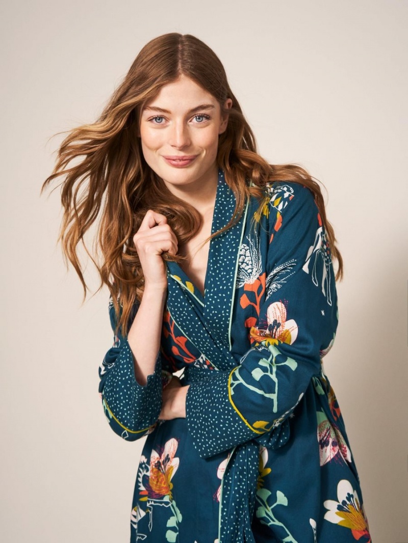 White Stuff Nina Organic Dressing Gown Teal Print | 59743-BYRF