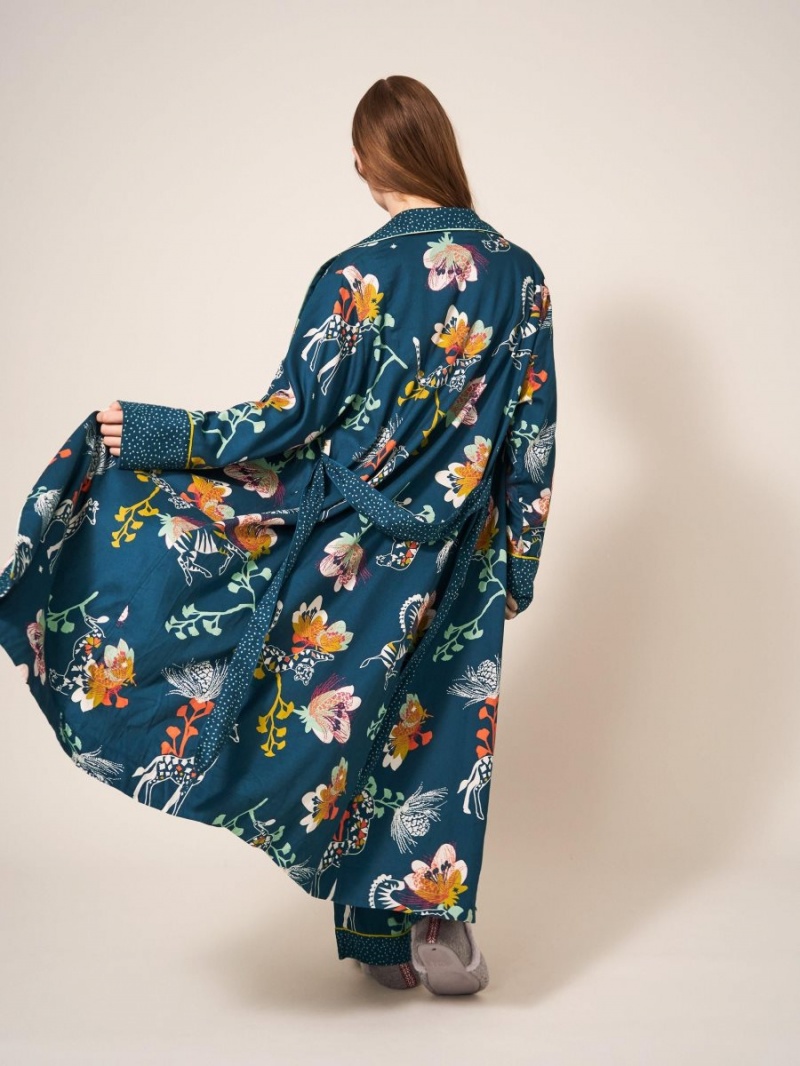 White Stuff Nina Organic Dressing Gown Teal Print | 59743-BYRF