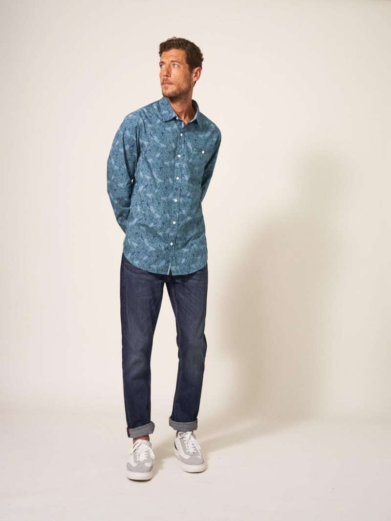 White Stuff Peacock Printed Classic Shirt Blue Print | 06842-GVHZ