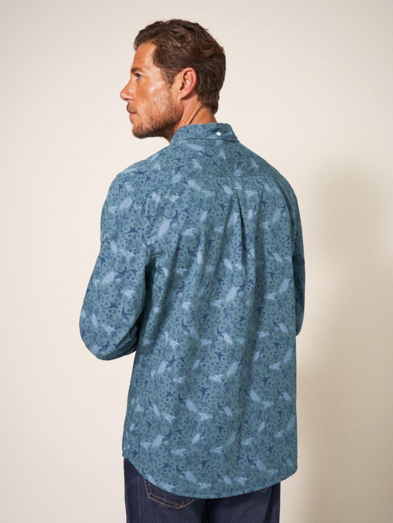 White Stuff Peacock Printed Classic Shirt Blue Print | 06842-GVHZ