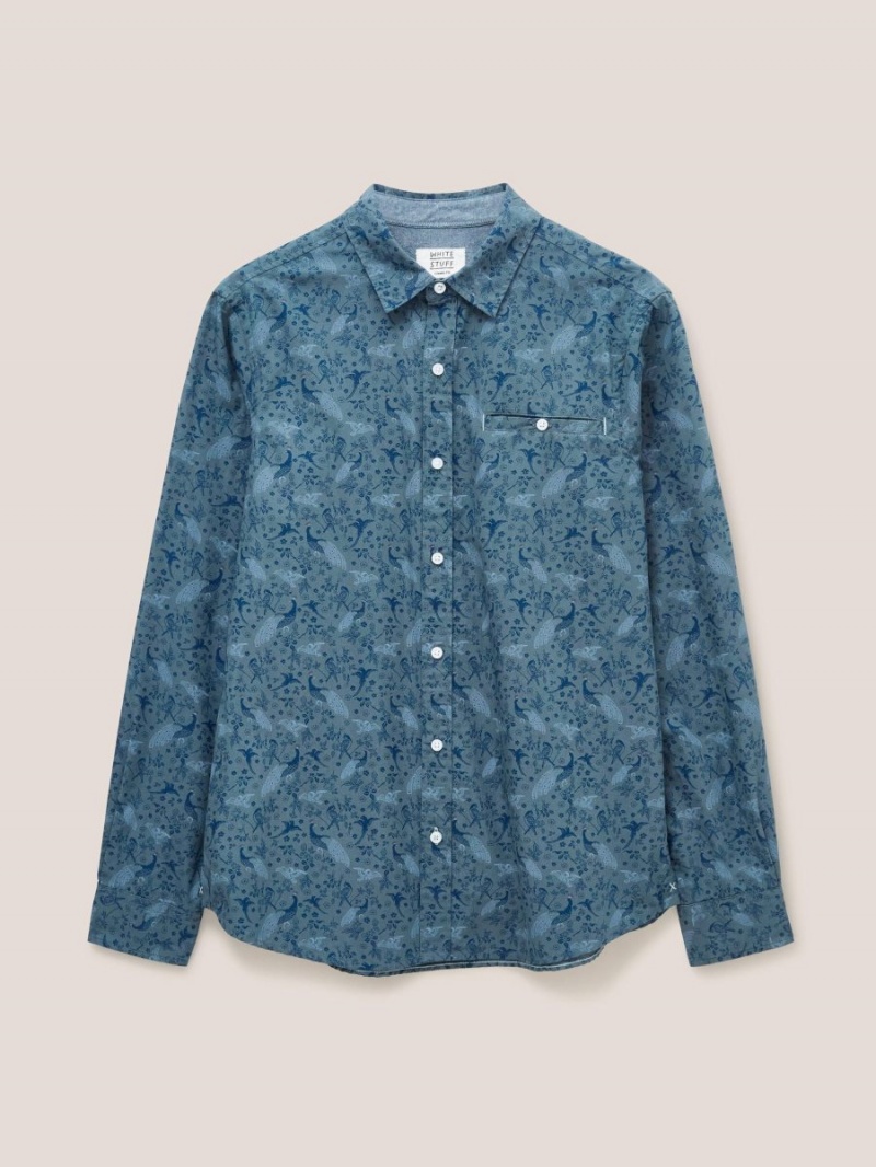 White Stuff Peacock Printed Classic Shirt Blue Print | 06842-GVHZ