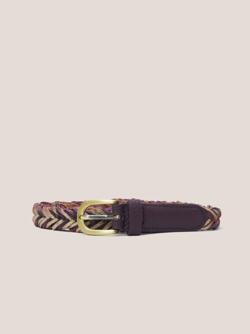 White Stuff Plaited Leather Skinny Belt Plum Multi | 16472-JVNU