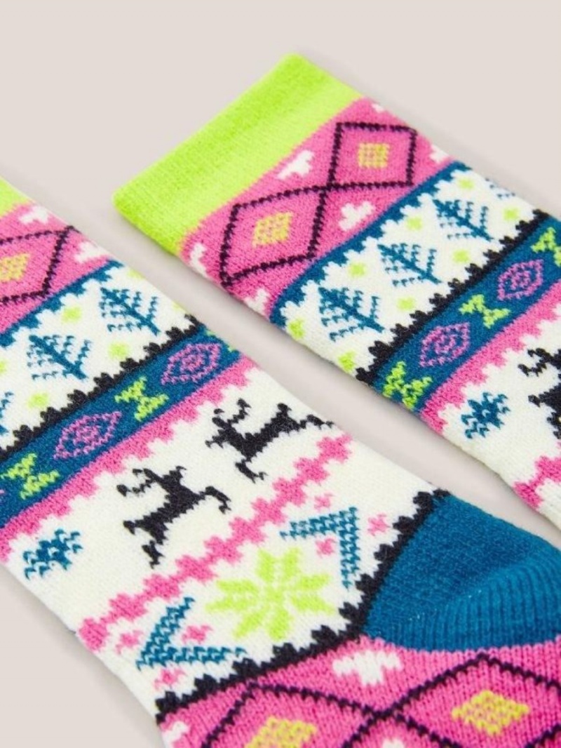 White Stuff Reindeer Fairisle Cabin Socks Pink Multi | 83570-ZPGD