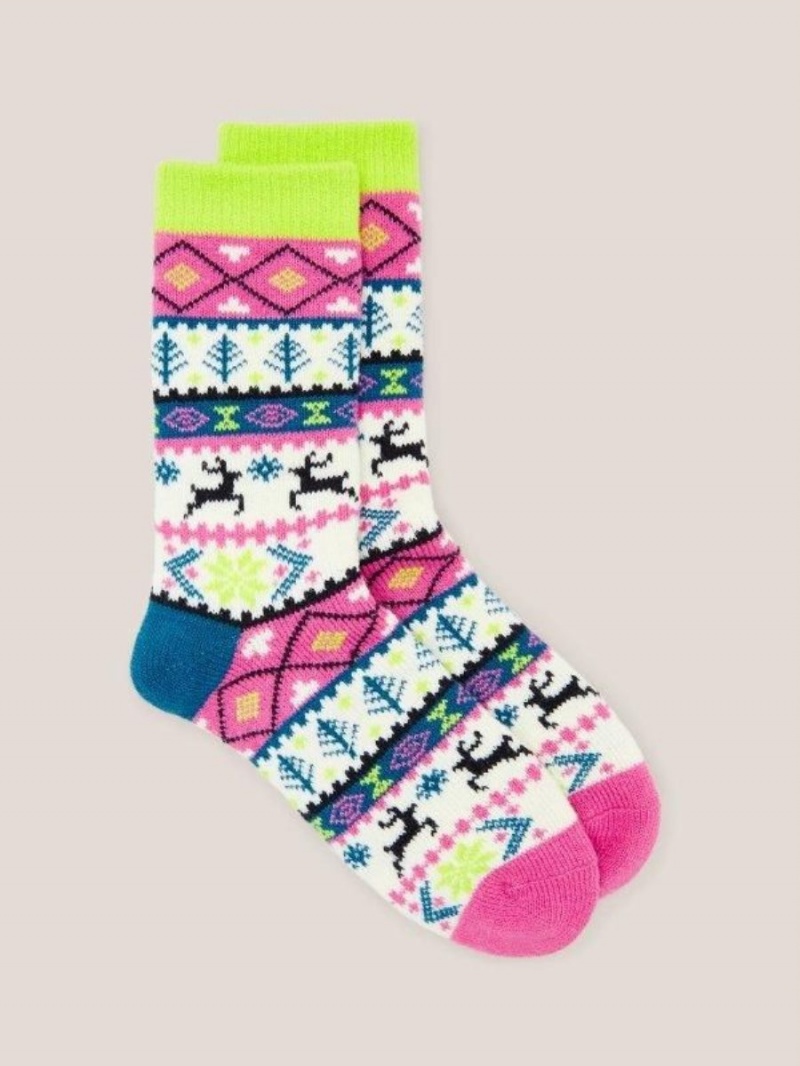 White Stuff Reindeer Fairisle Cabin Socks Pink Multi | 83570-ZPGD