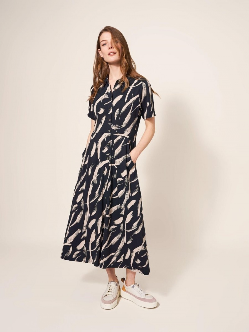 White Stuff Rua Jersey Shirt Dress Black Print | 23891-FLXJ