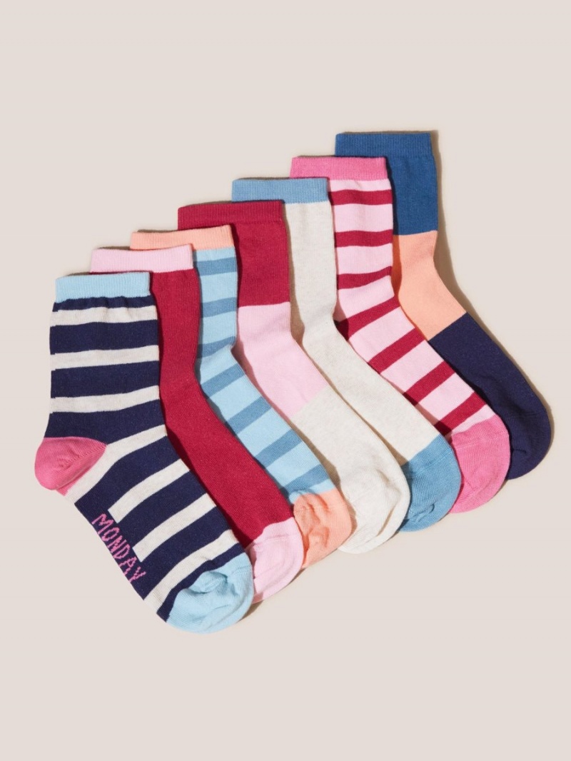 White Stuff Seven Pack Stripe Mix Socks Blue Multi | 94281-VWTS