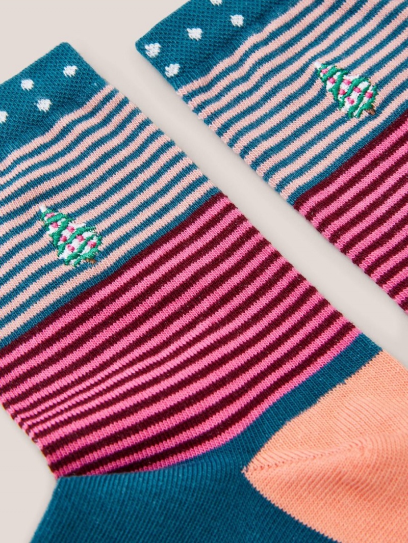 White Stuff Stripe Xmas Tree Ankle Socks Teal Multi | 42365-ABMK