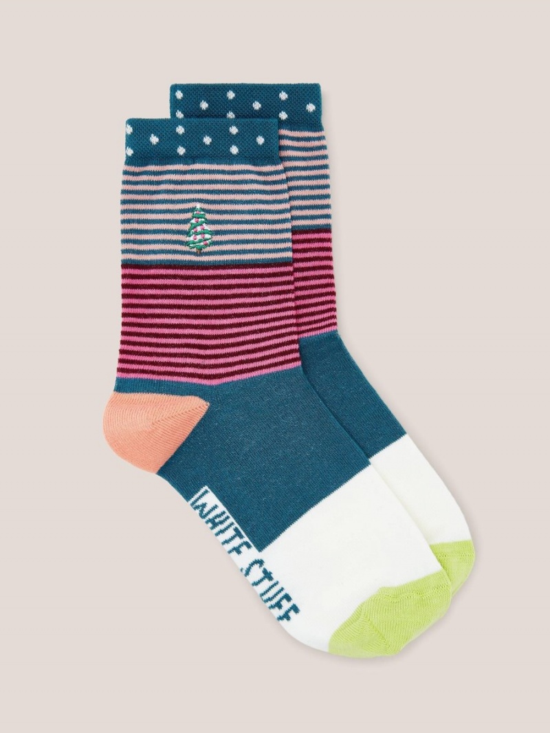 White Stuff Stripe Xmas Tree Ankle Socks Teal Multi | 42365-ABMK