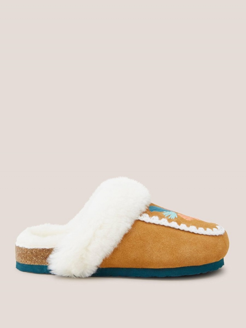 White Stuff Suede Shearling Mule Slipper Mid Tan | 64029-LVUT