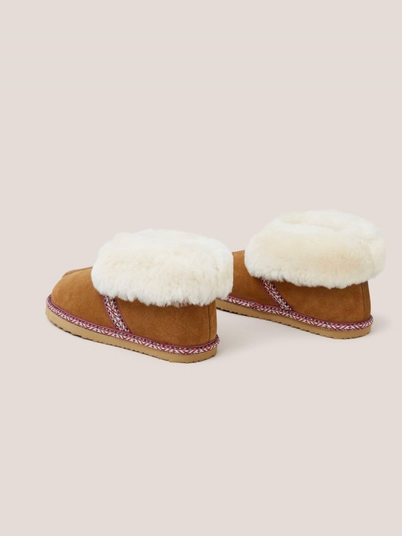 White Stuff Suede Shearling Slipper Bootie Mid Tan | 50986-NMEP