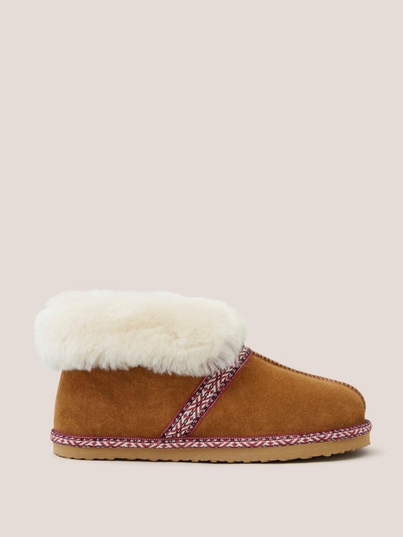 White Stuff Suede Shearling Slipper Bootie Mid Tan | 50986-NMEP